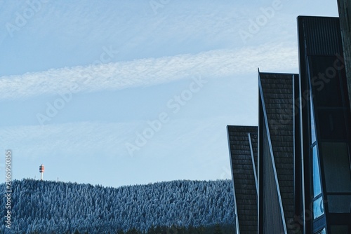 Foto The sharp, dark rooflines of a building cut across the lower frame against a vas