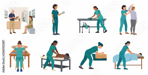 Cuadro en lienzo Massage therapist and physical therapy professional set with diverse characters