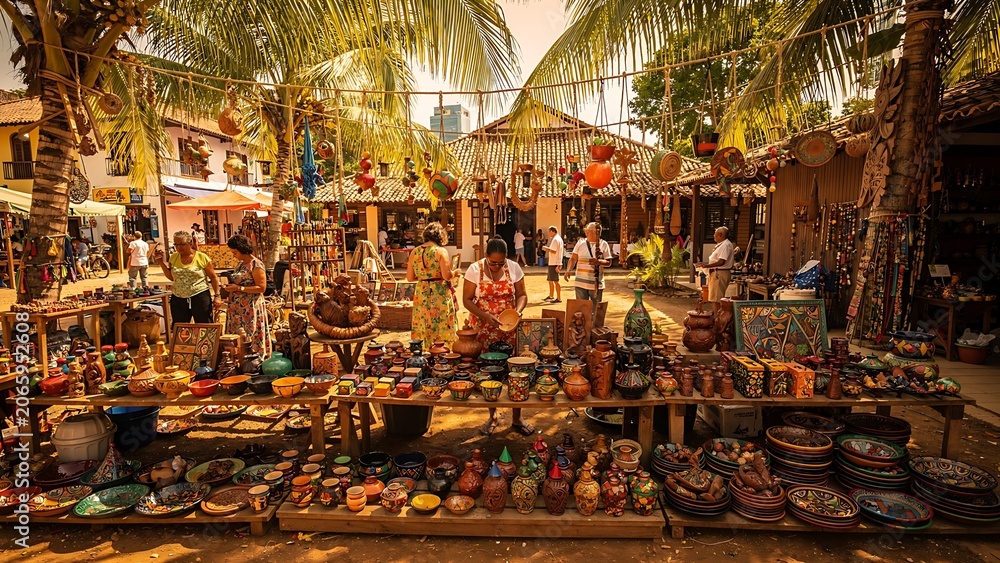 Obraz premium A vibrant outdoor market bustles with activity, showcasing a colorful array of handcrafted pottery, woven baskets, and unique souvenirs under the warm, tropical sun.