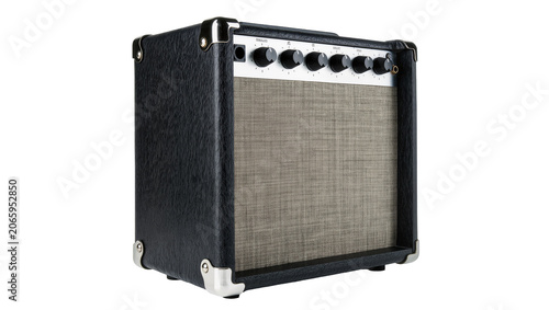 Fotografie Isolated modern electric guitar amplifier with textured black casing and front c