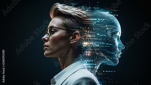 Double exposure portrait of a businesswoman profile side view blended with a digital virtual human face mesh cyber mind neural network artificial intelligence data concept