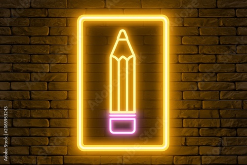 Bright neon pencil sign on a brick wall in a workspace or studio at night