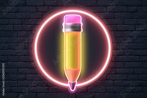 Neon pencil sign glowing brightly on a brick wall at night showcasing creativity and artistic expression in urban settings