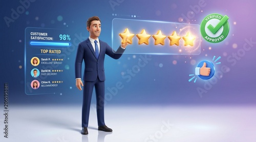 3D character businessman giving a five-star customer review and positive feedback. Professional rating system.