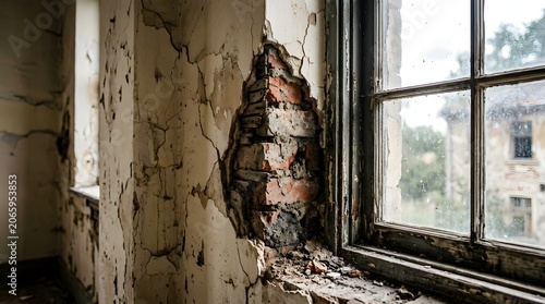 Wall fissure and concrete damage next to window structure corner indoors