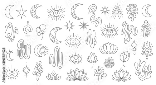 Collection of Mystical Celestial and Nature-Inspired Line Art Elements with Moon, Stars, Eyes, Lotus Flowers, and Cacti isolated white background