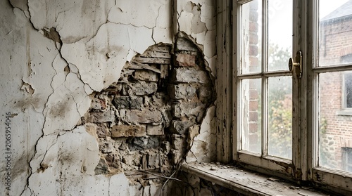 Wall fissure and concrete damage next to window structure corner indoors