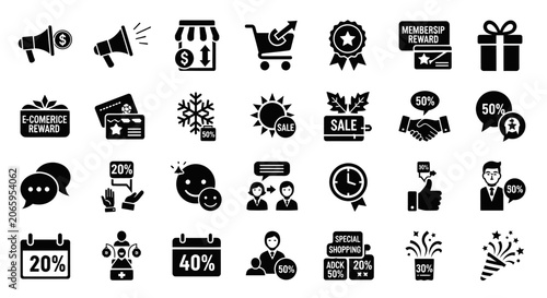 Extensive Set of E-commerce, Sale, and Reward Solid Black Icons on Isolated White Background