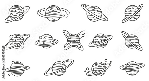 Comprehensive Set of Outline Planets with Orbital Rings Icons on Isolated White Background