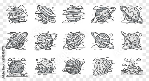 Set of Outline Planets with Environmental Details Icons on Isolated White Background