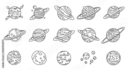 Detailed Set of Outline Planet and Moon Icons on Isolated White Background