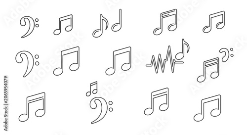 Set of Outline Musical Notes and Symbols Icons on Isolated White Background