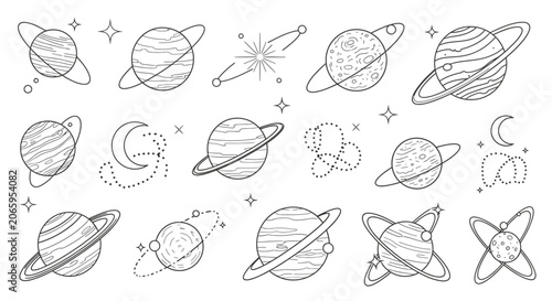 Hand-Drawn Outline Planet and Cosmic Elements Doodle Set on Isolated White Background