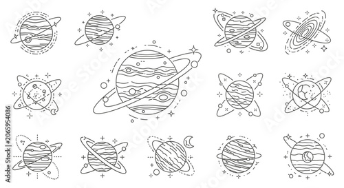 Set of Outline Planet and Space Elements Icons on Isolated White Background