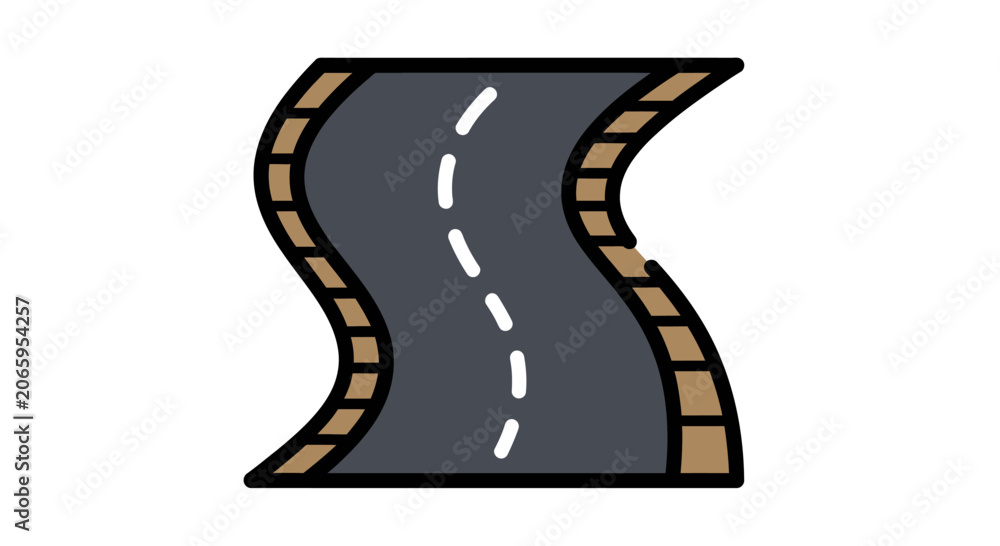 Fototapeta premium Wavy Asphalt Road with White Dashed Line and Brick Edges