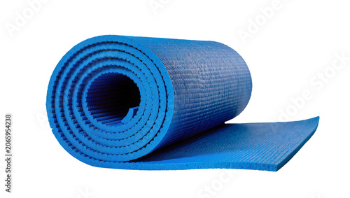 Obraz na plátne Isolated blue yoga mat rolled up and partially unrolled, ready for exercise or f