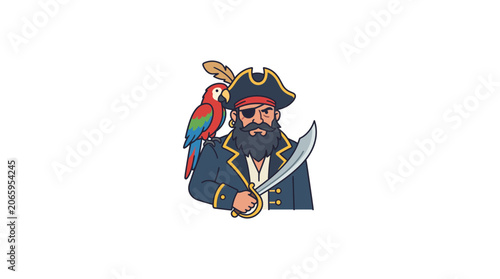 Cartoon Pirate Captain with Parrot and Sword Illustration