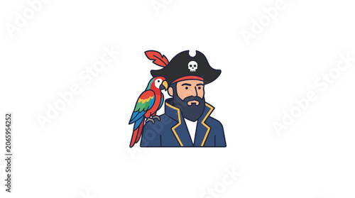Cartoon Pirate Captain with Colorful Parrot on Shoulder