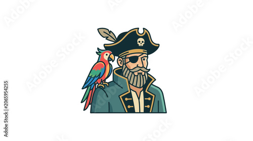 Cartoon Pirate Captain with Parrot on Shoulder Illustration