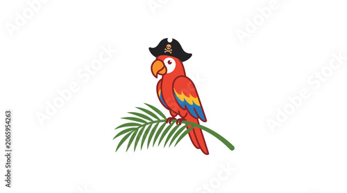Cartoon Pirate Parrot Wearing a Hat on a Palm Leaf