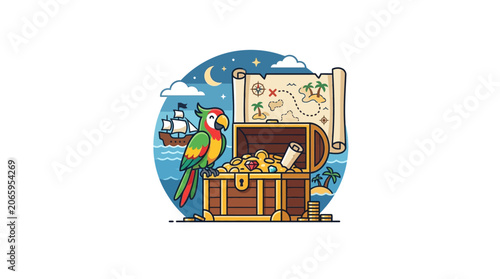 Cartoon Pirate Parrot with Treasure Chest and Map
