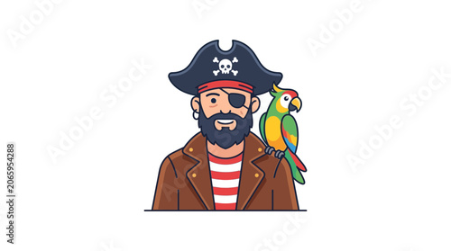 Cartoon Pirate with Parrot on Shoulder Vector Illustration