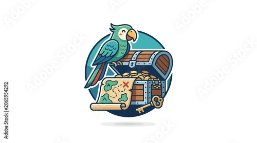 Cute Pirate Parrot with Treasure Chest and Map Vector Illustration