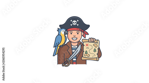 Happy Pirate Character with Parrot and Treasure Map