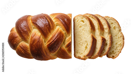 Obraz na płótnie Isolated braided loaf of bread and slices, sweet golden-brown baked food for bre
