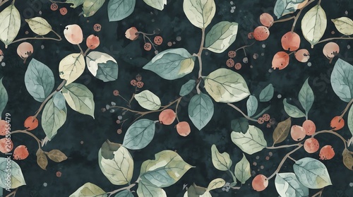 Watercolor Botanical Pattern with Berries and Leaves.