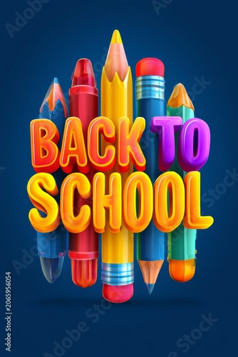Colorful back to school graphic with various writing tools on a blue background