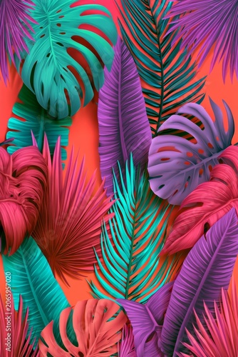 Colorful tropical leaves display on a bright background that shows nature's beauty in vibrant hues during the day