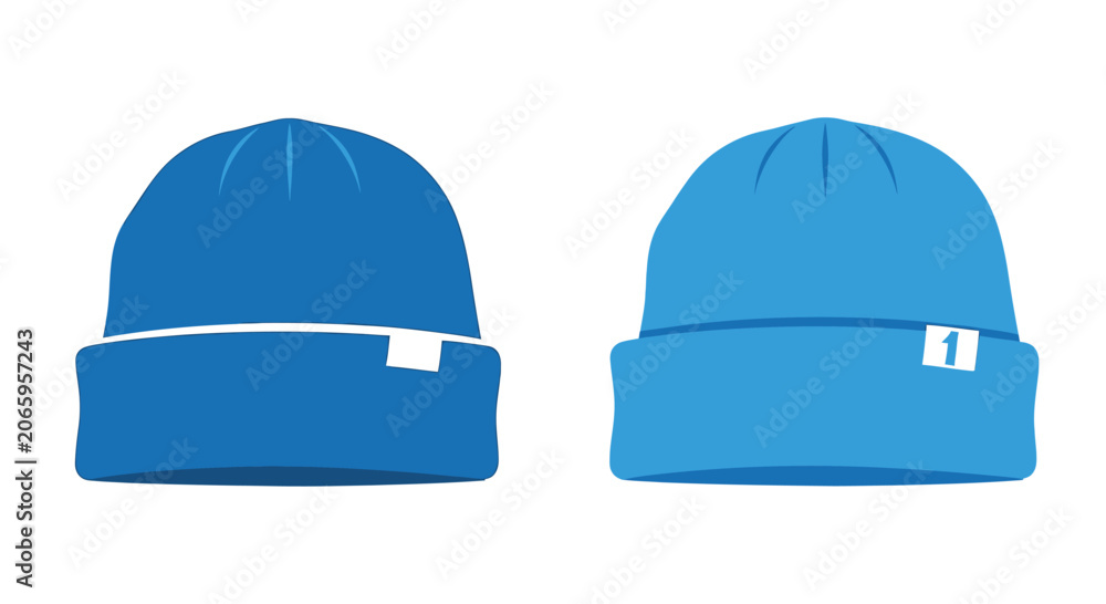 Fototapeta premium Two Blue Beanies, Winter Hats, Flat Design, Isolated on White Background