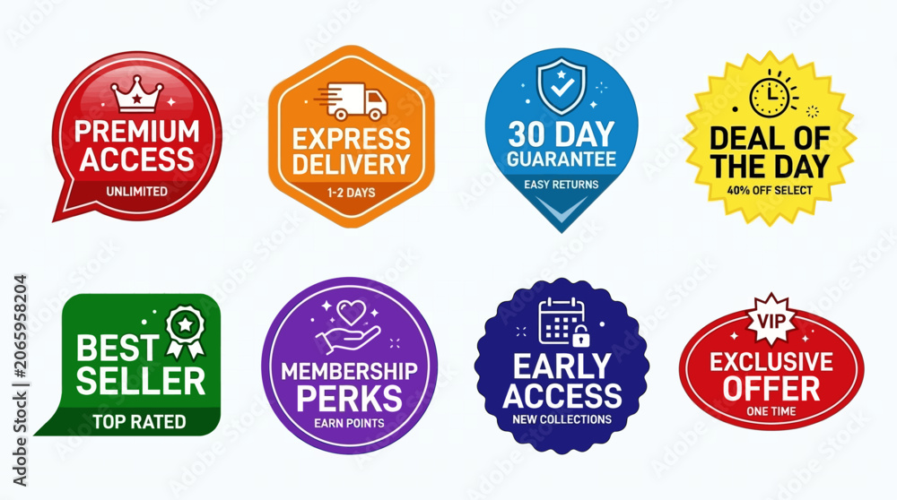 Fototapeta premium Variety of colorful e-commerce marketing promotion labels and business badges featuring best seller and express delivery service icons for online retail