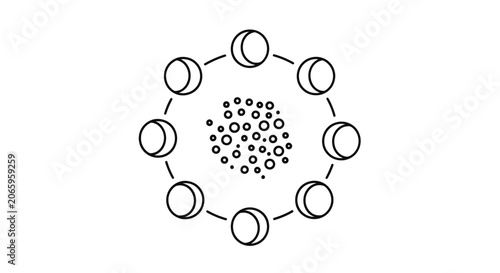 Fotografie Circular arrangement of crescent shapes and small circles outline icon represent
