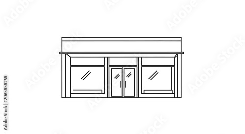Generic storefront building with multiple windows and double doors outline icon on isolated white background