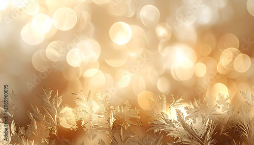 A warm golden bokeh background with frost crystal pattern for winter