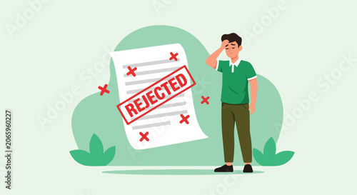 A man standing next to a large rejected stamp sign indicating rejection or denial in a modern flat style illustration