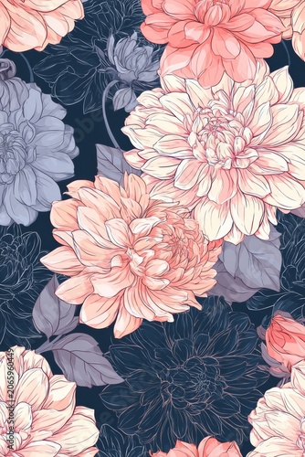 Floral design with various flowers on dark background featuring peach and lavender colors along with leaves