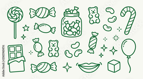Schilderij op canvas A collection of hand-drawn candy icons including lollipops, gummy bears, jelly beans, and chocolate bars