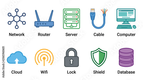 Colorful icons representing network and computer technology concepts.