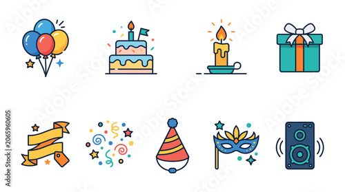 Colorful Celebration Icons for Party and Festivities.