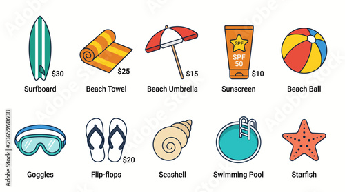Colorful Summer Beach Vacation Icons Collection.