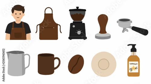 Flat design illustration of coffee shop tools and barista.