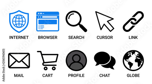 Flat design icons for internet and communication concepts.