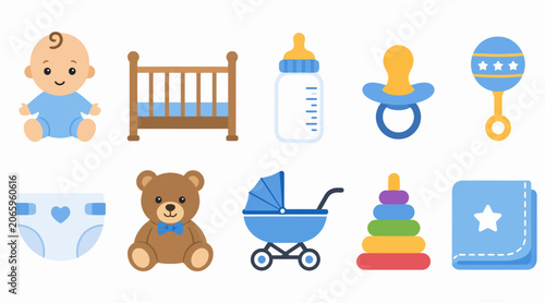 Colorful baby icons for nursery and parenting themes.