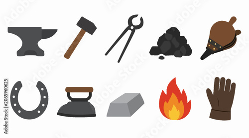 Collection of vintage industrial and blacksmith tools icons.