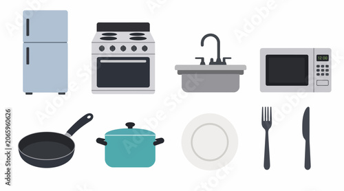 Collection of kitchen appliances and utensils illustration.