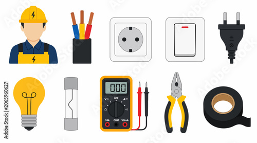 Collection of electrical tools and equipment icons.