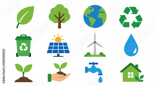 Colorful Eco Friendly Icons for Sustainability Concept.